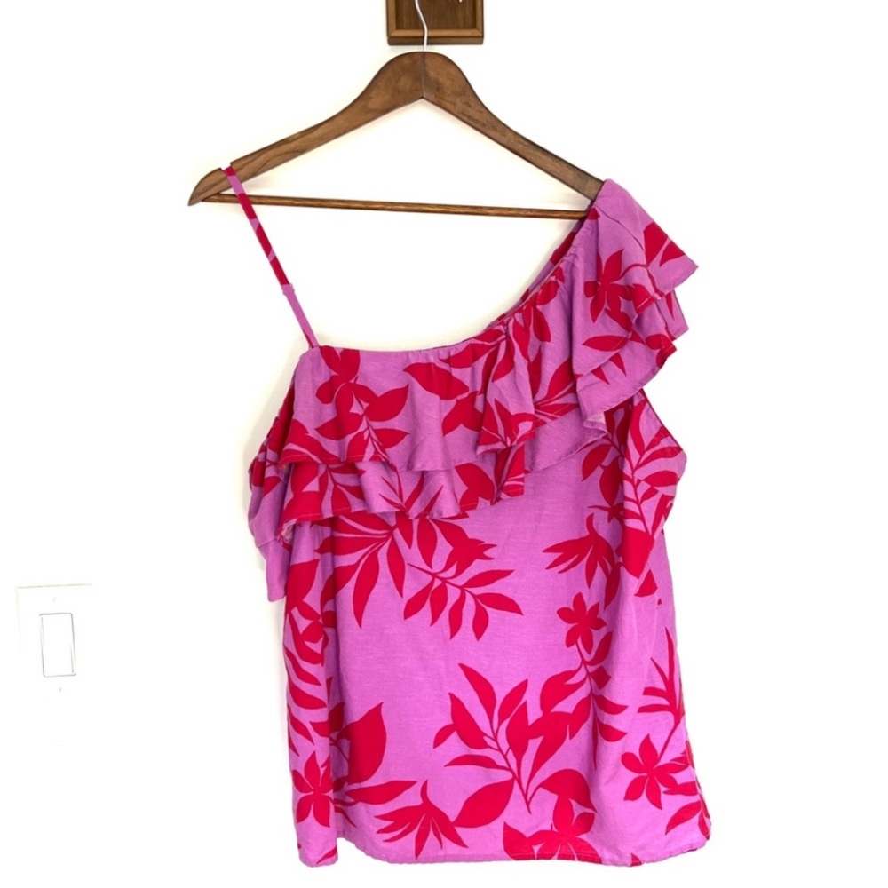 🍓 Old Navy Top XL Pink & Red Floral One Shoulder Tank Ruffled Neckline Linen